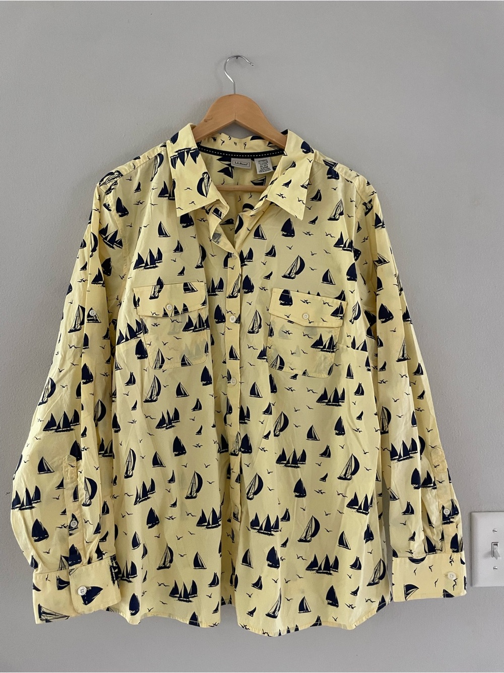 L.L Bean Yellow with Navy Print Button-Up Shirt